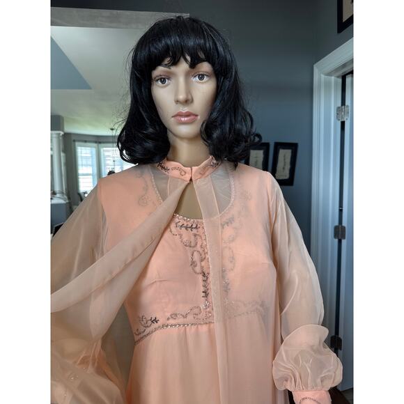 Vintage 1960s Elgin Peach Chiffon Dress & Sheer Overlay Set medium - Picture 8 of 17